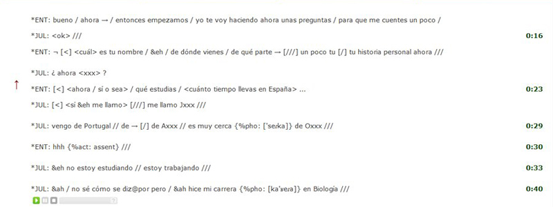 Vista de la transcripción de la entrevista